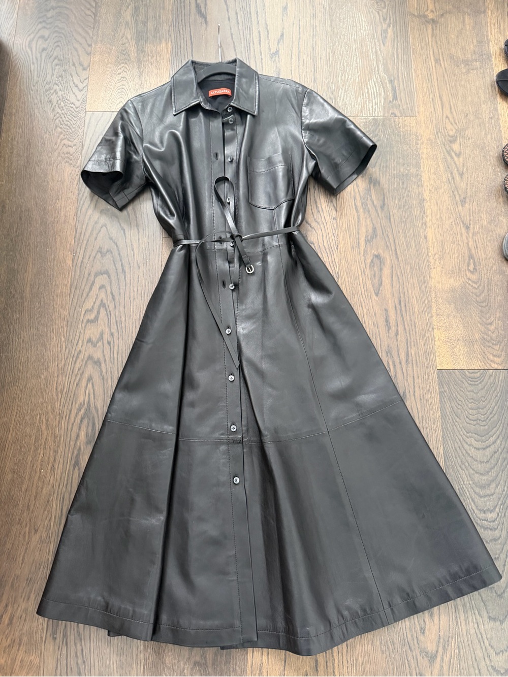 Altuzarra Black Leather Midi Shirt Dress with Tie Belt